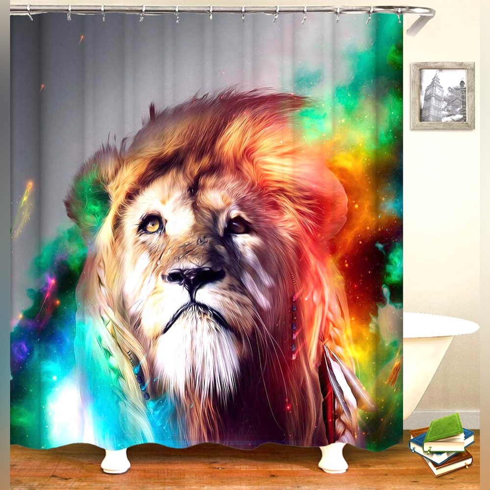 NEW Fabric Galaxy Lion Animal Shower Curtain - Includes 12 Rings 72โ x 72โ